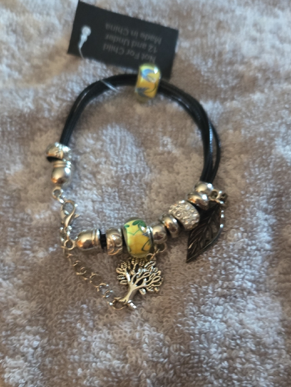 Silver-Tone Tree Charm Bracelet with Yellow Beads and Black Cord